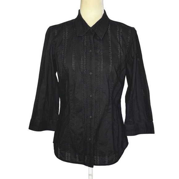 Sigrid Olsen Sport Eyelet Shirt Medium Black Button Up Cotton Blouse Feminine - Picture 1 of 7